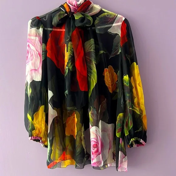 Dolce & Gabbana Black Roses Tie Neck Blouse - Picture 5 of 10